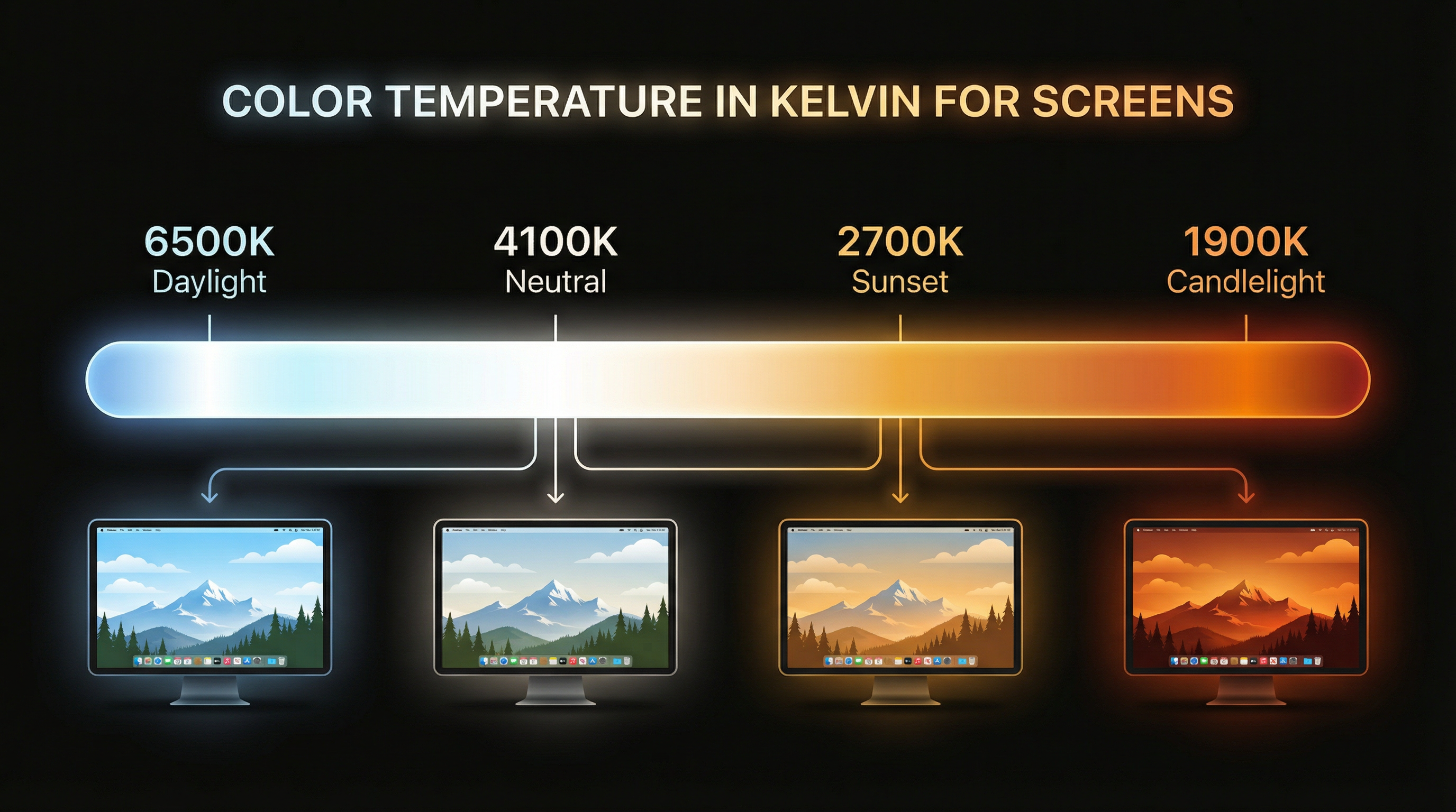 Color temperature spectrum from 6500K daylight to 1900K candlelight with Mac displays