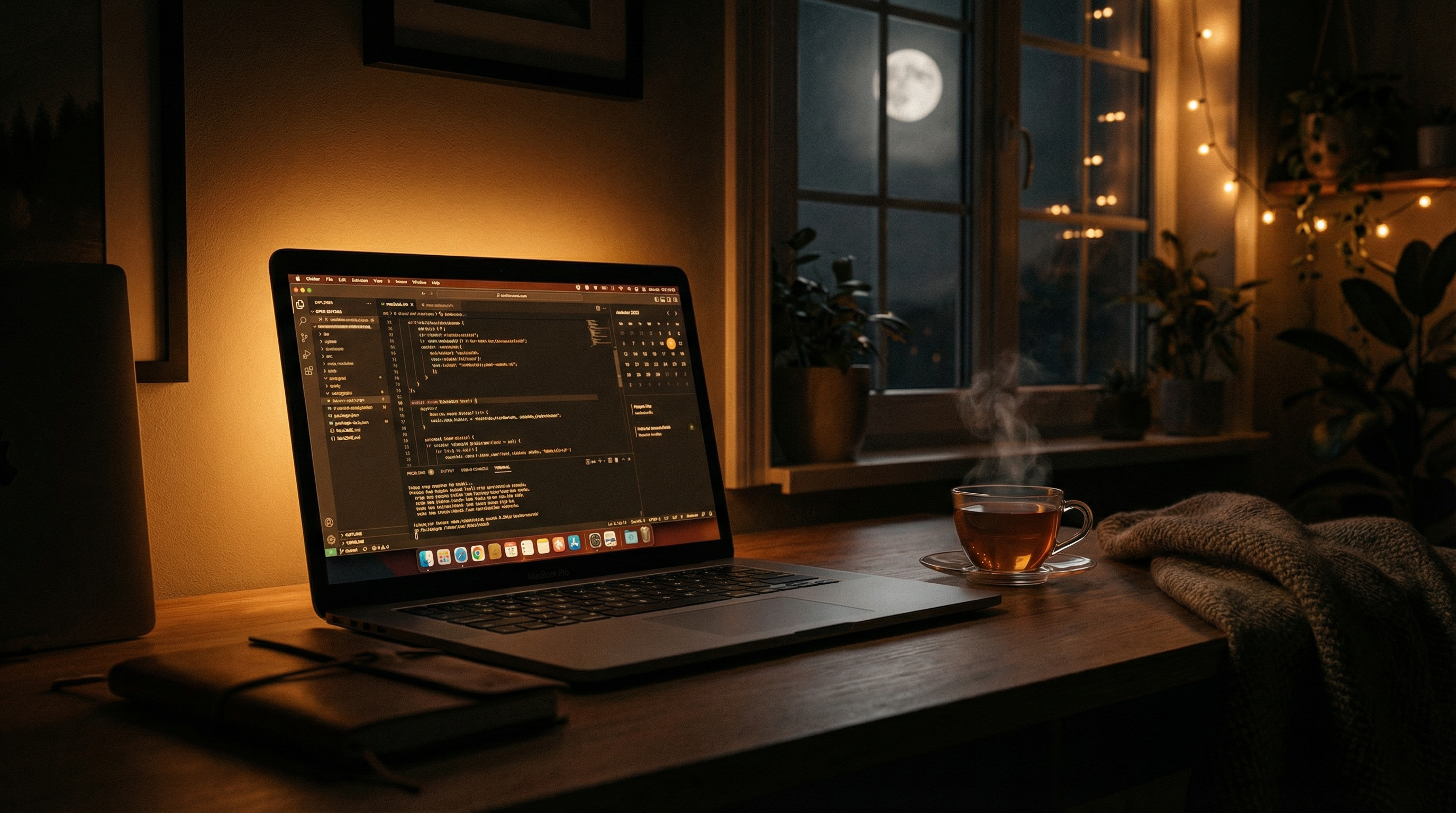 Perfect night-time Mac workflow setup with warm lighting and cozy atmosphere