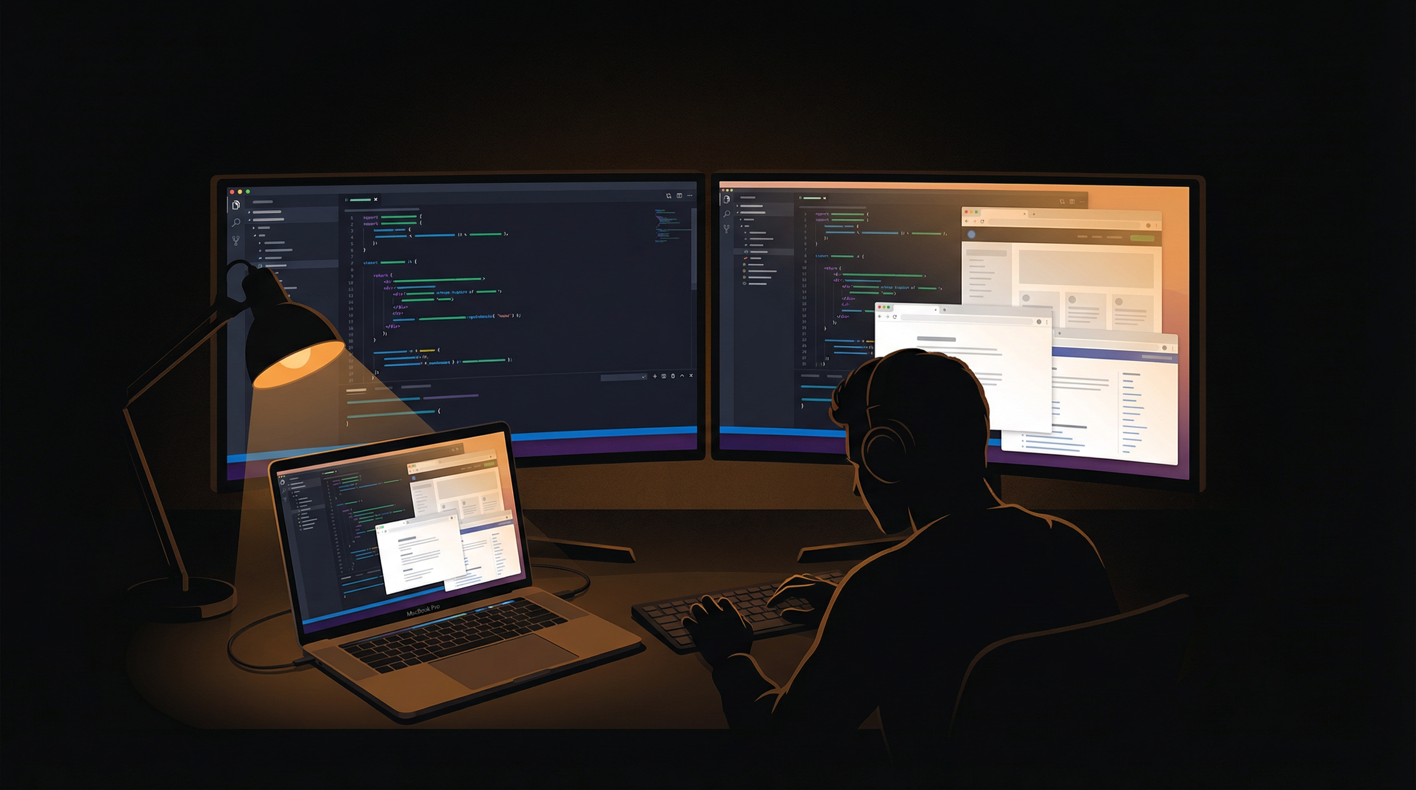 Programmer at multi-monitor setup with dark IDE and bright documentation windows