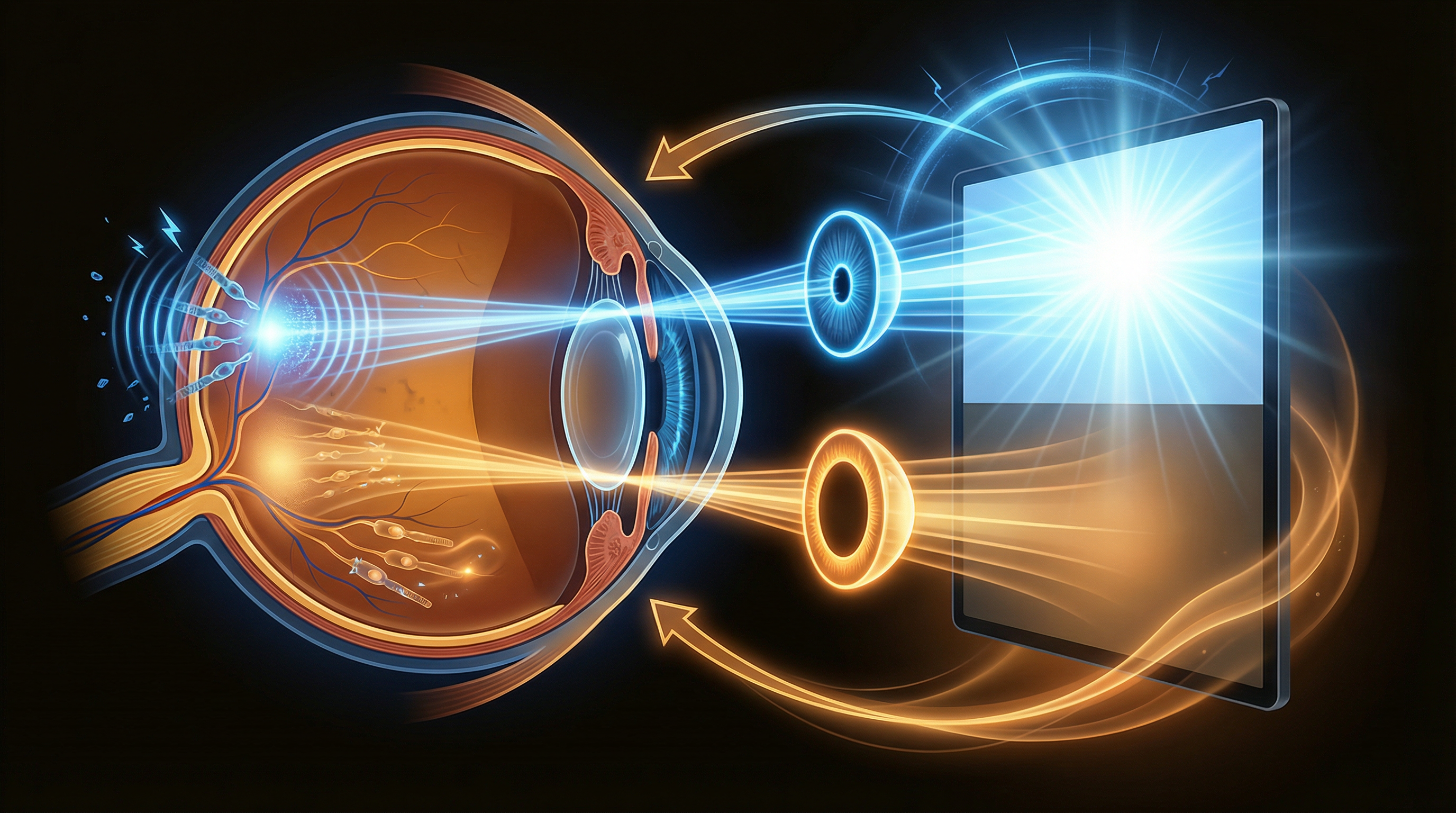 Science of screen brightness and eye fatigue - eye cross-section with blue and warm light paths