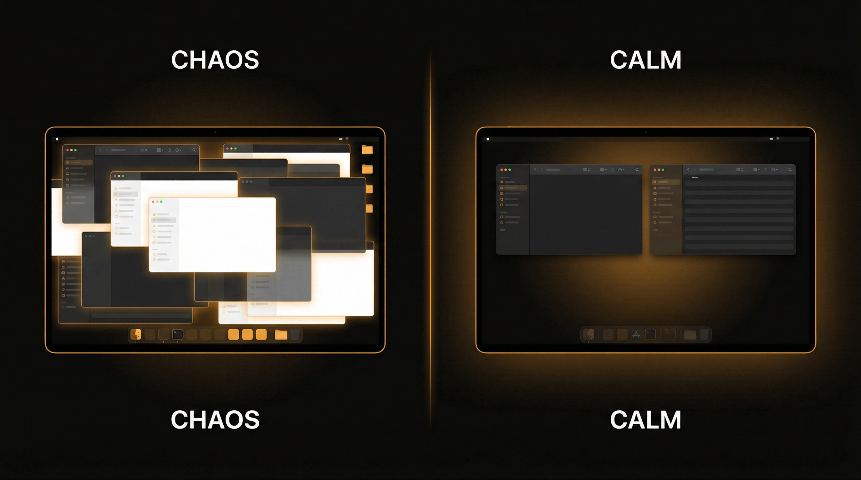 Window management on Mac - before and after showing chaos vs calm organized desktop